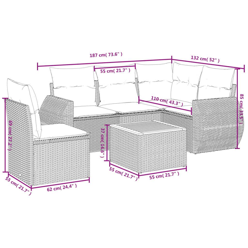 Set Divano da Giardino 6 pz con Cuscini Nero in Polyrattan | homemem39