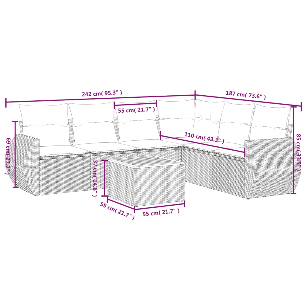 Set Divani da Giardino con Cuscini 7pz Nero Polyrattan