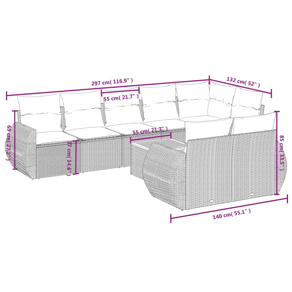Set Divano da Giardino 9 pz con Cuscini Grigio in Polyrattan | homemem39