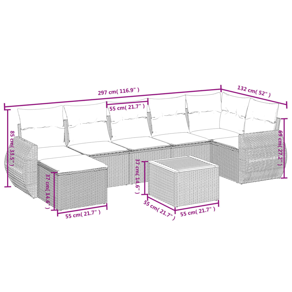 Set Divano da Giardino 8 pz con Cuscini Grigio in Polyrattan | homemem39