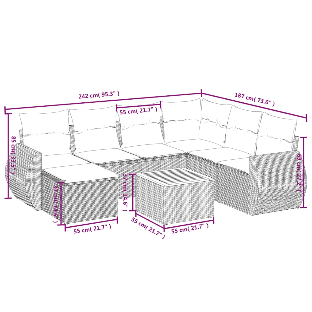 Set Divano da Giardino 8 pz con Cuscini Grigio in Polyrattan