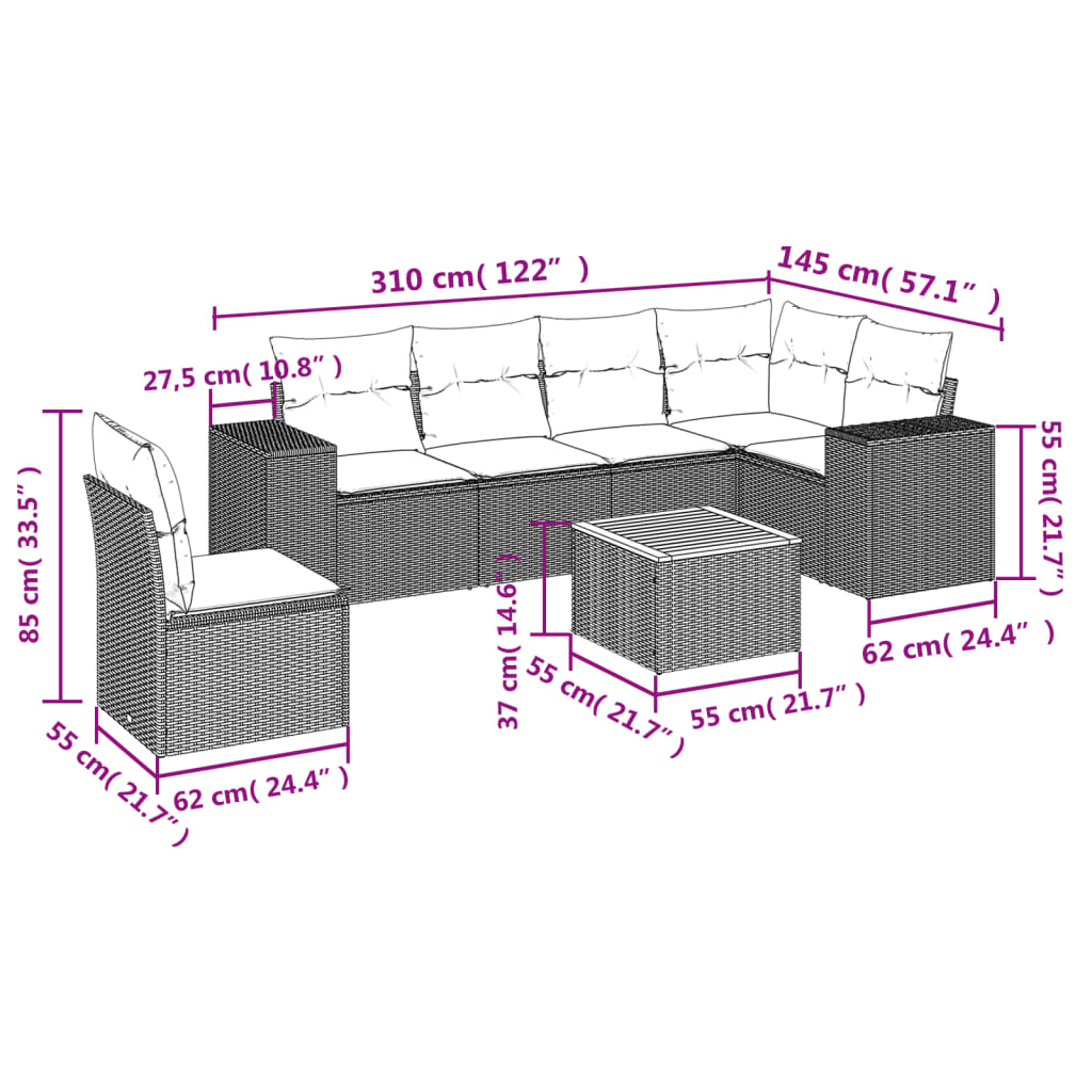 Set Divani da Giardino 7 pz con Cuscini Grigio in Polyrattan