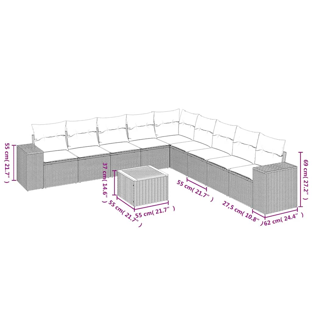 Set Divani da Giardino 10pz con Cuscini in Polyrattan Nero