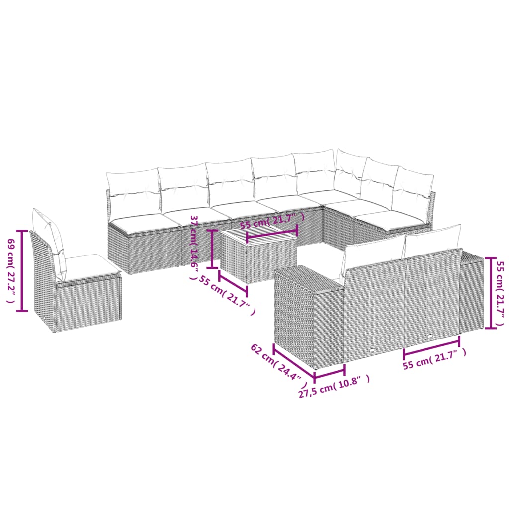 Set Divani da Giardino 11 pz con Cuscini in Polyrattan Nero