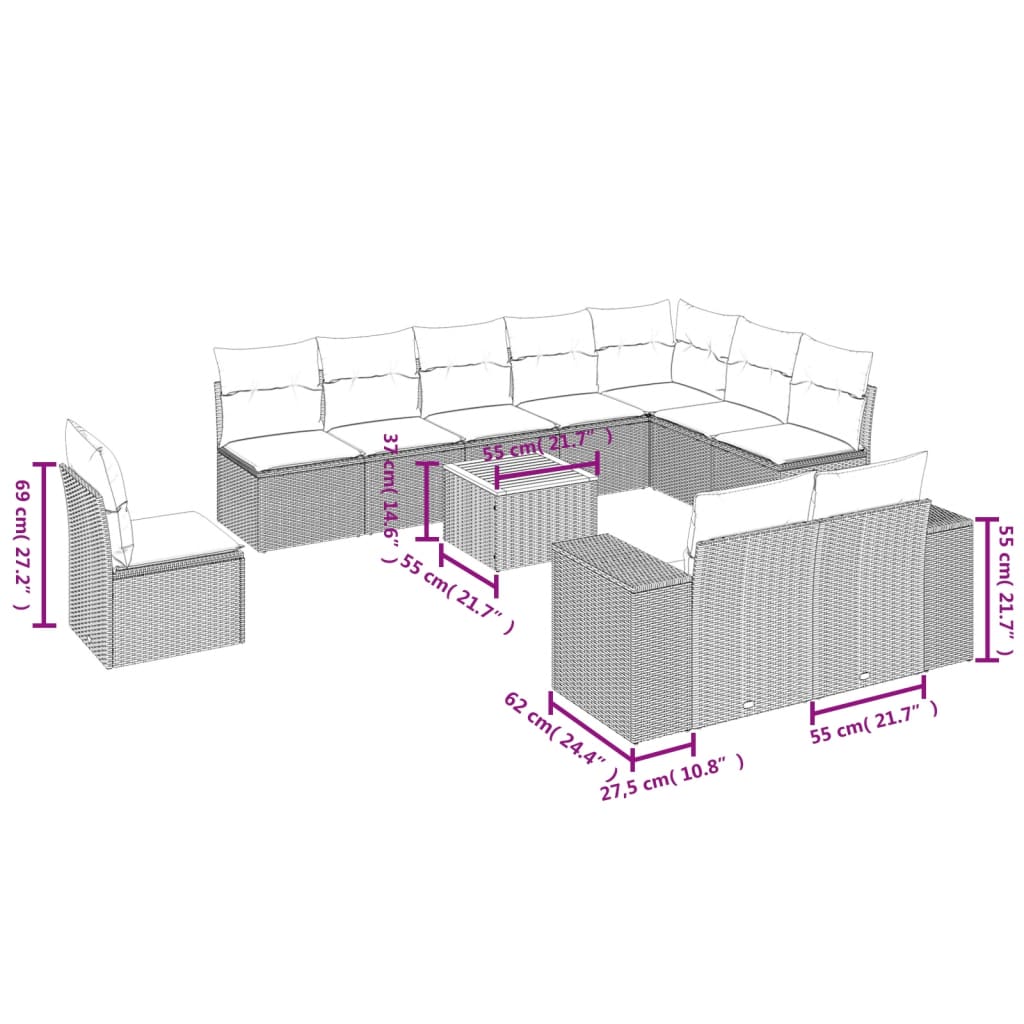 Set Divani da Giardino 11 pz con Cuscini in Polyrattan Grigio | homemem39