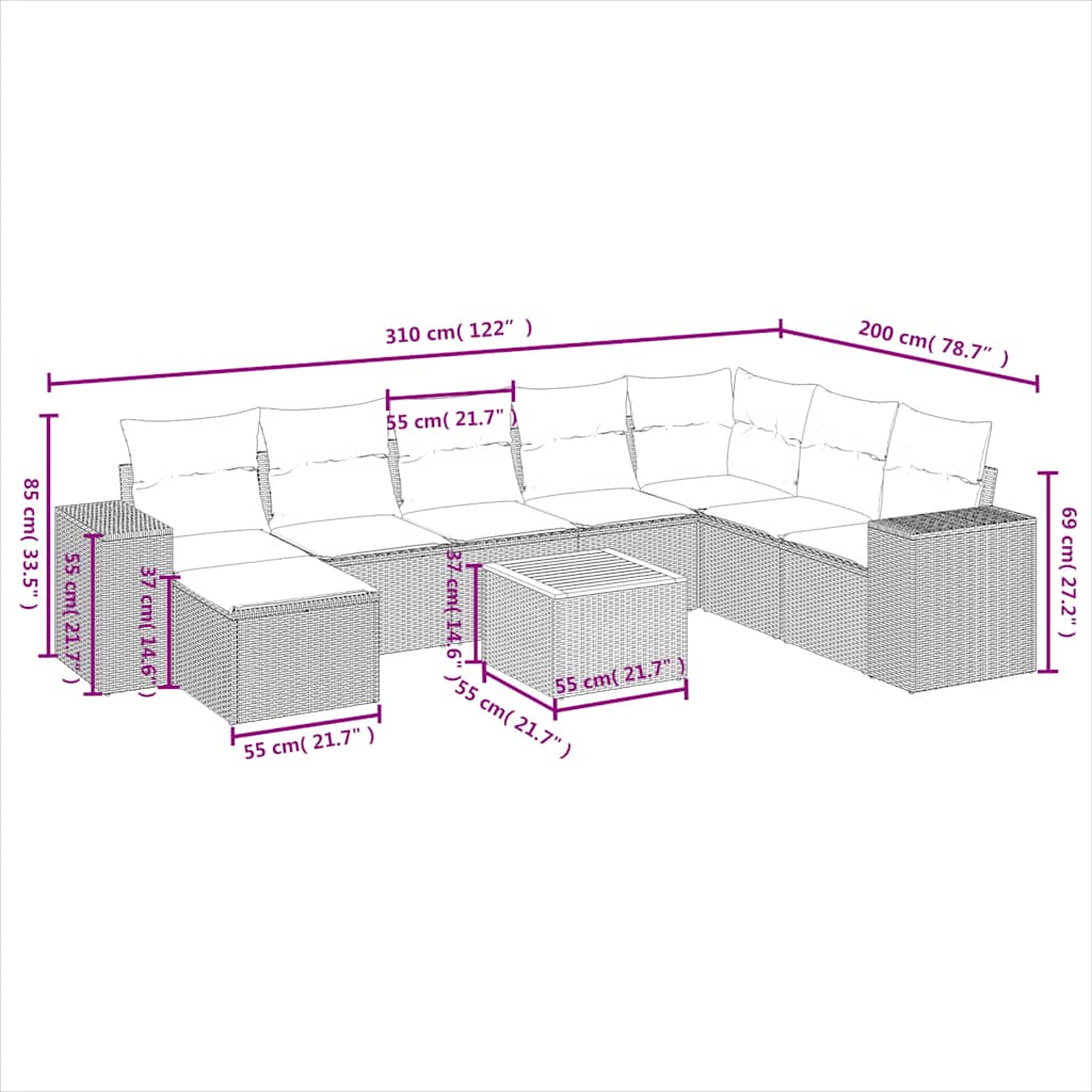 Set Divani da Giardino 9 pz con Cuscini Nero in Polyrattan