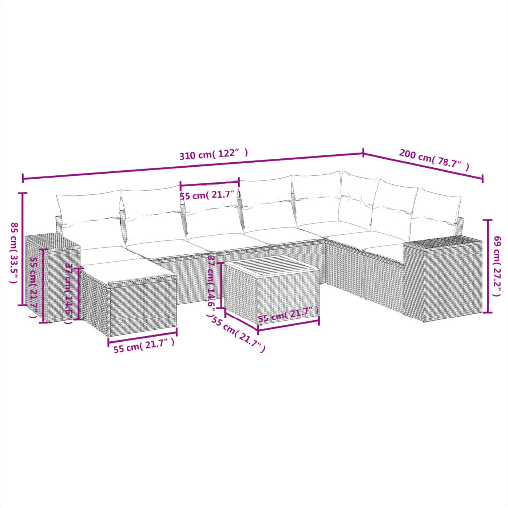 Set Divani da Giardino 9 pz con Cuscini Nero in Polyrattan | homemem39