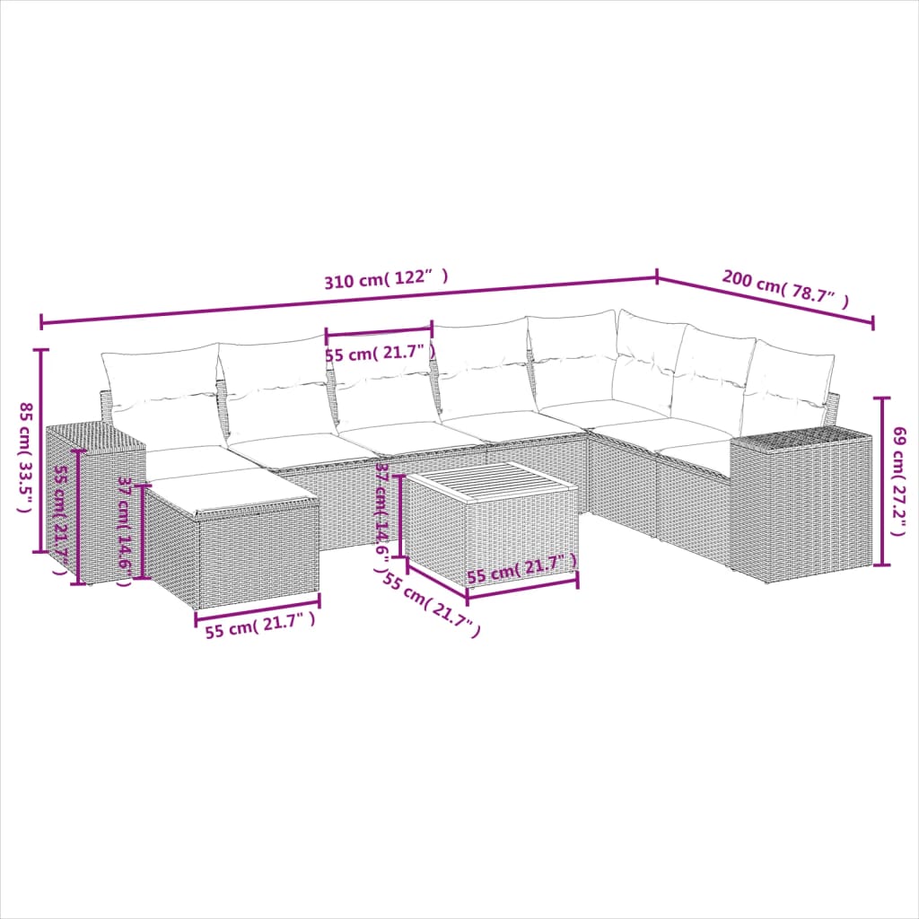 Set Divano da Giardino 9 pz con Cuscini Grigio in Polyrattan