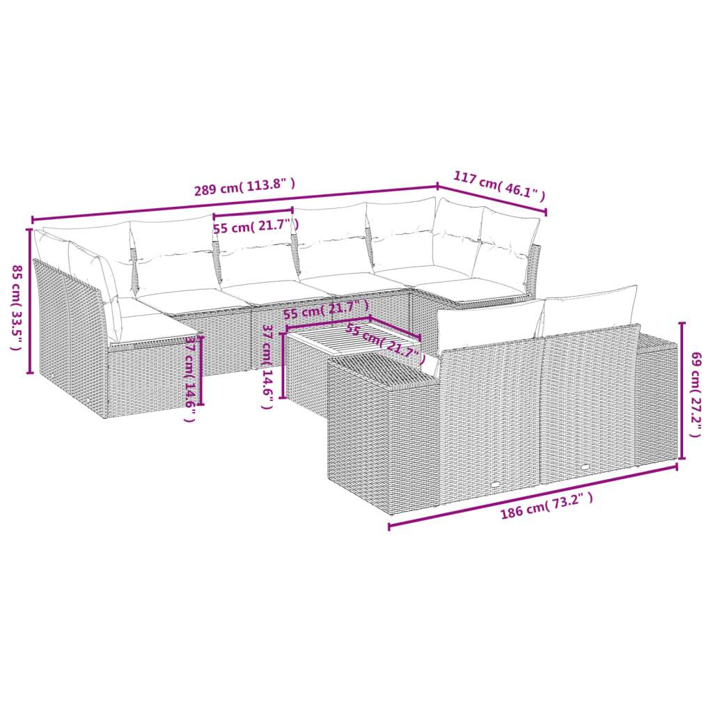 Set Divani da Giardino 10pz con Cuscini in Polyrattan Nero