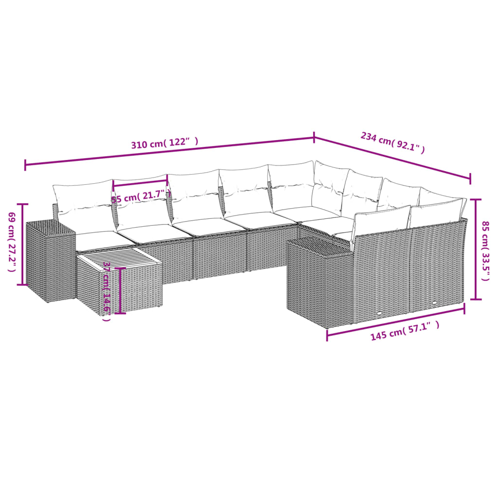 Set Divano da Giardino 10 pz con Cuscini Beige in Polyrattan
