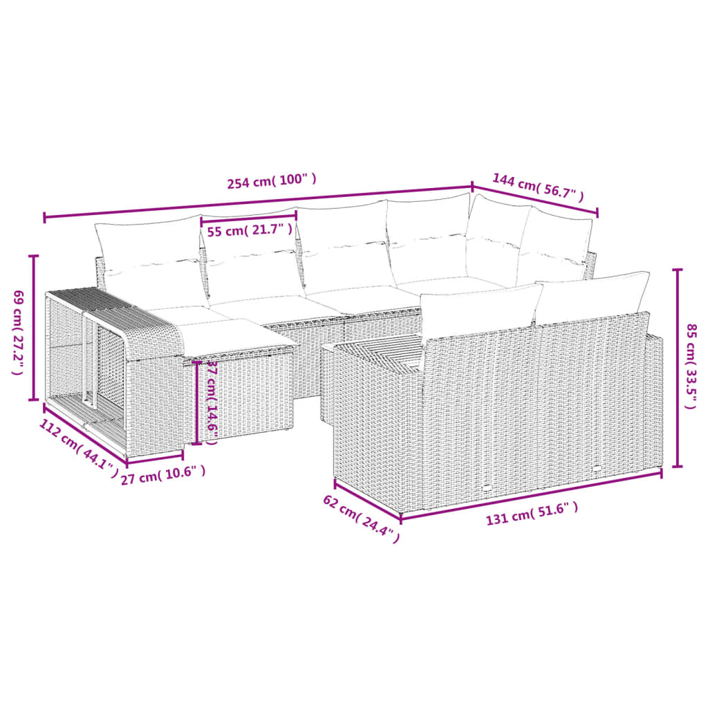 Set Divani da Giardino 11 pz con Cuscini in Polyrattan Nero