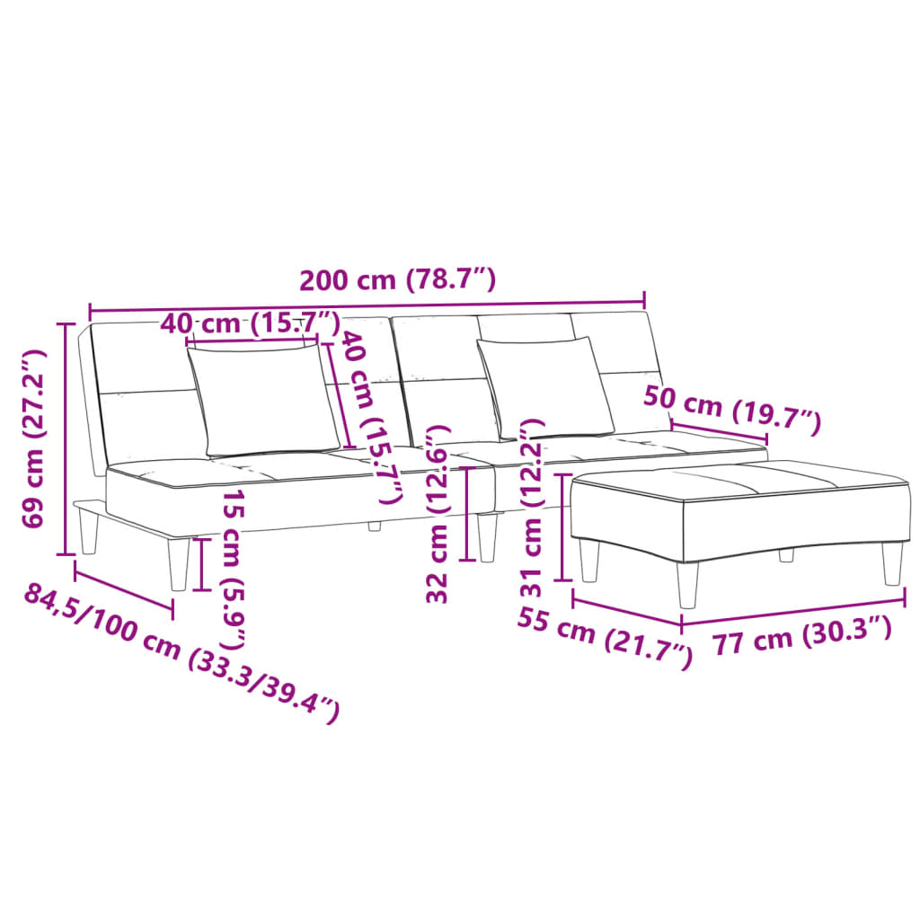 Divano Letto a 2 Posti con Poggiapiedi Nero in Tessuto - homemem39
