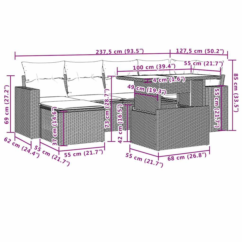 Set Divani da Giardino con Cuscini 7pz Nero Polyrattan | homemem39