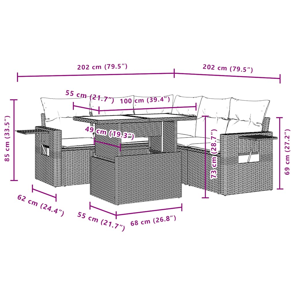 Set Divano da Giardino 6 pz con Cuscini Nero in Polyrattan | homemem39