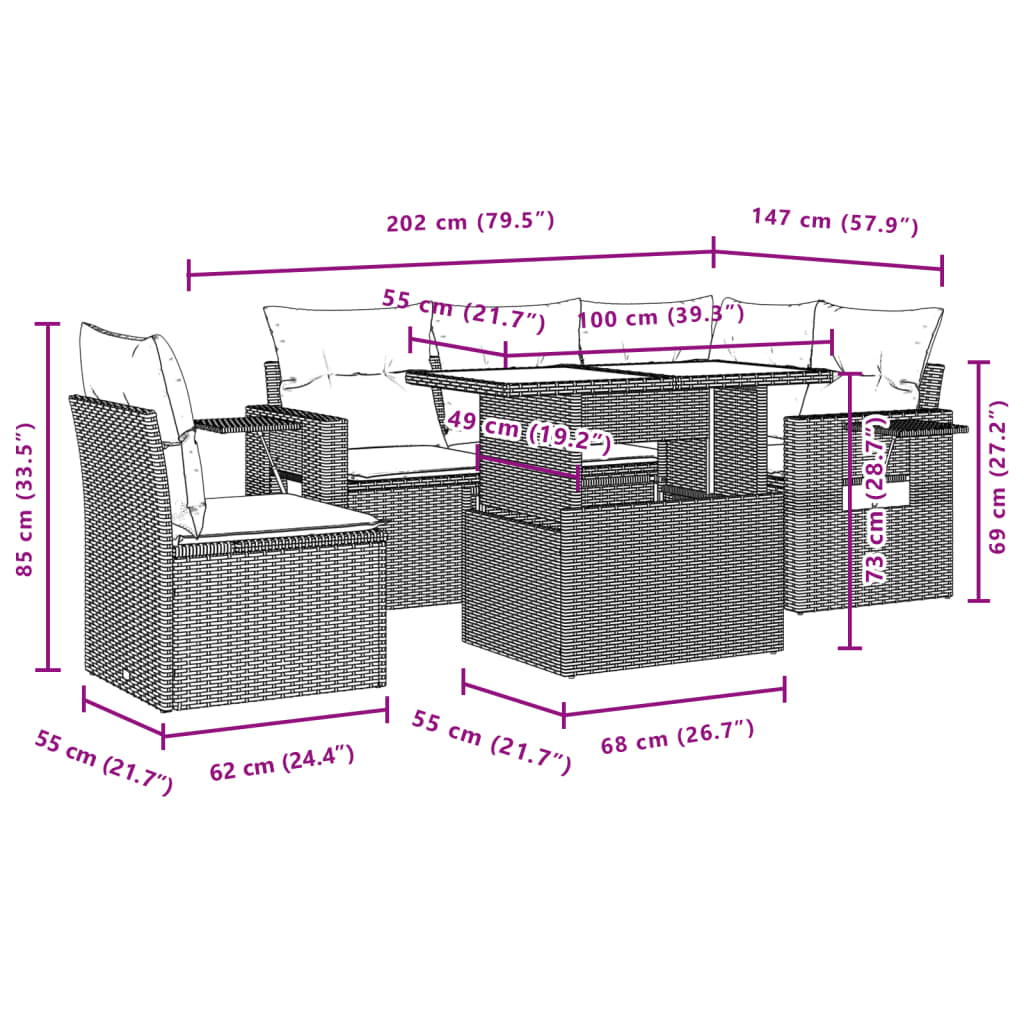 Set Divano da Giardino 6 pz con Cuscini Marrone in Polyrattan - homemem39