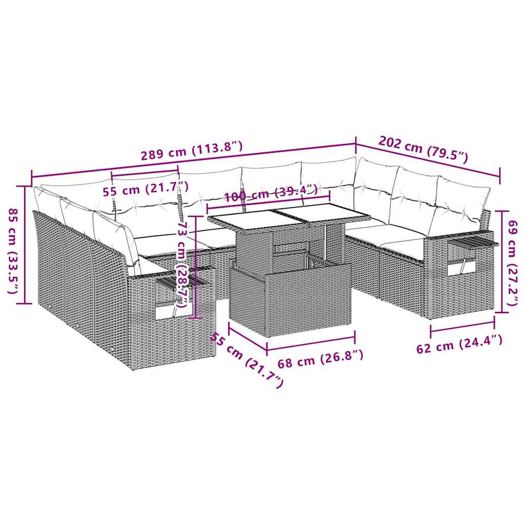Set Divani da Giardino 10pz con Cuscini in Polyrattan Nero | homemem39