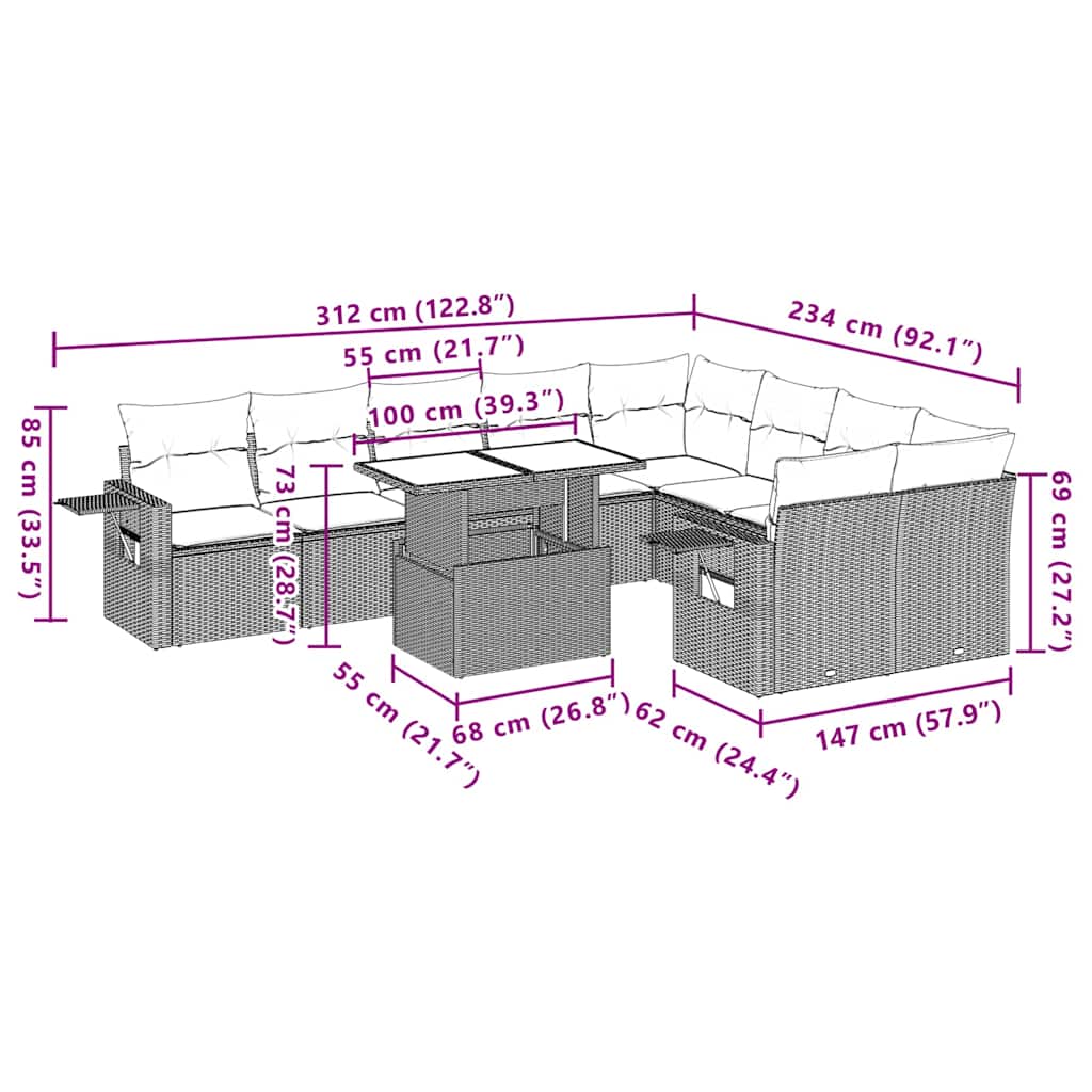 Set Divani da Giardino 10pz con Cuscini in Polyrattan Nero | homemem39