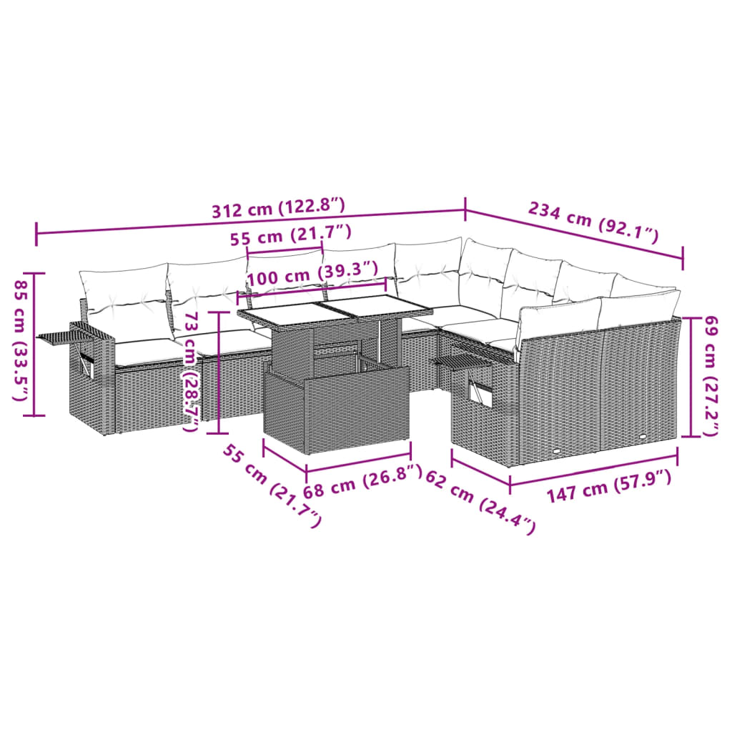 Set Divano da Giardino 10 pz con Cuscini Beige in Polyrattan | homemem39