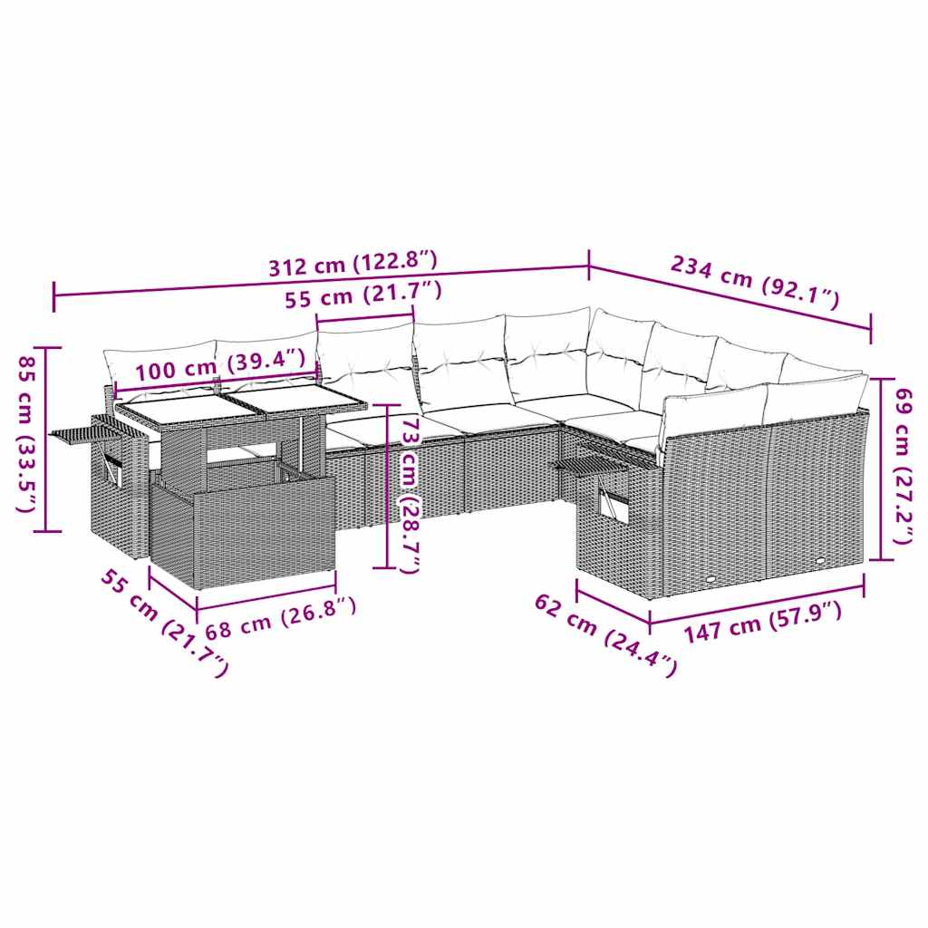 Set Divani da Giardino 10pz con Cuscini in Polyrattan Nero | homemem39