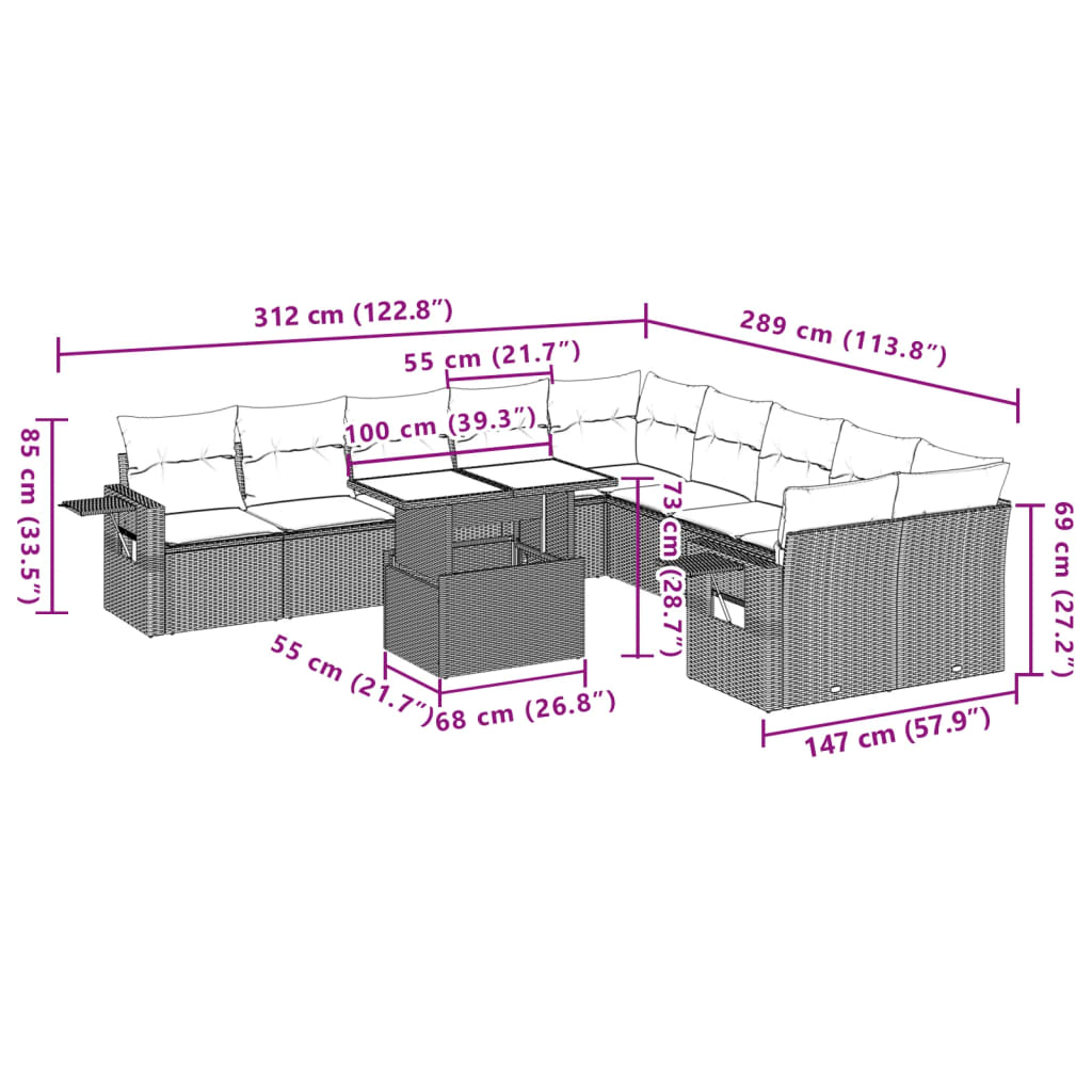 Set Divani da Giardino 11 pz con Cuscini Beige in Polyrattan | homemem39