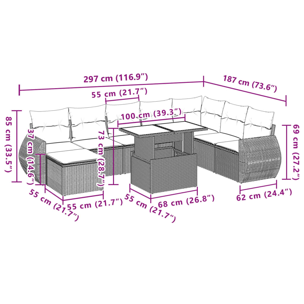 Set Divano da Giardino 9 pz con Cuscini Beige in Polyrattan | homemem39