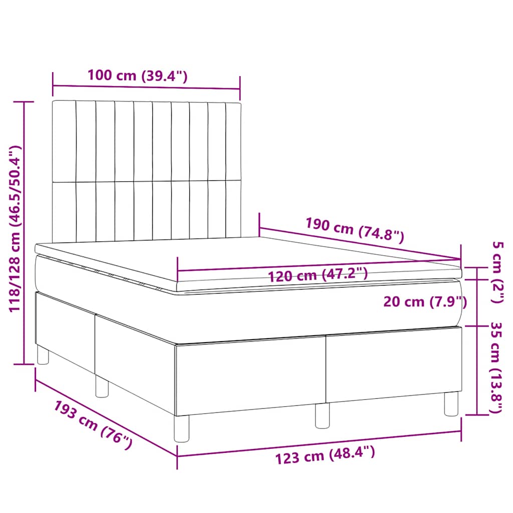 Letto a Molle con Materasso e LED Crema 120x190 cm in Tessuto