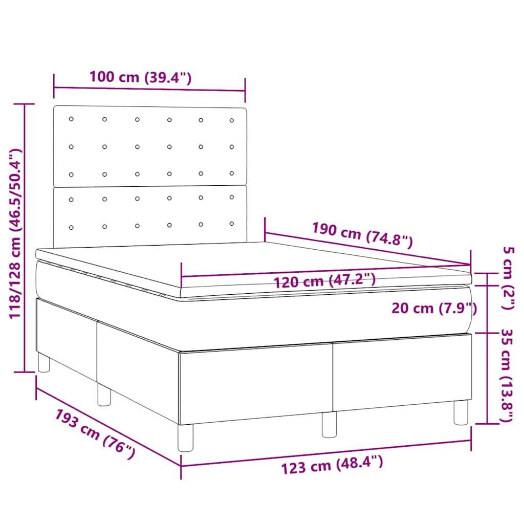 Letto a Molle Materasso e LED Grigio Scuro 120x190cm in Tessuto