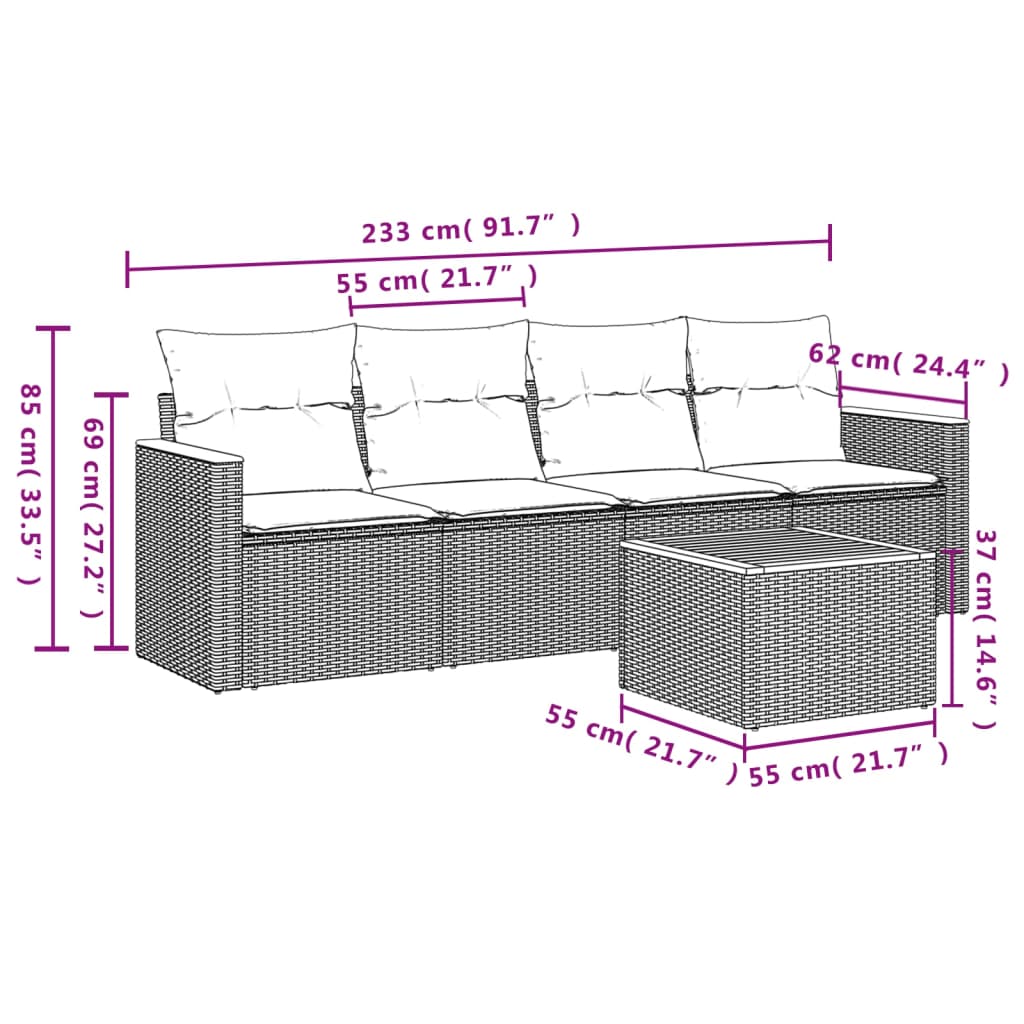 Set Divano da Giardino 5 pz con Cuscini Beige in Polyrattan