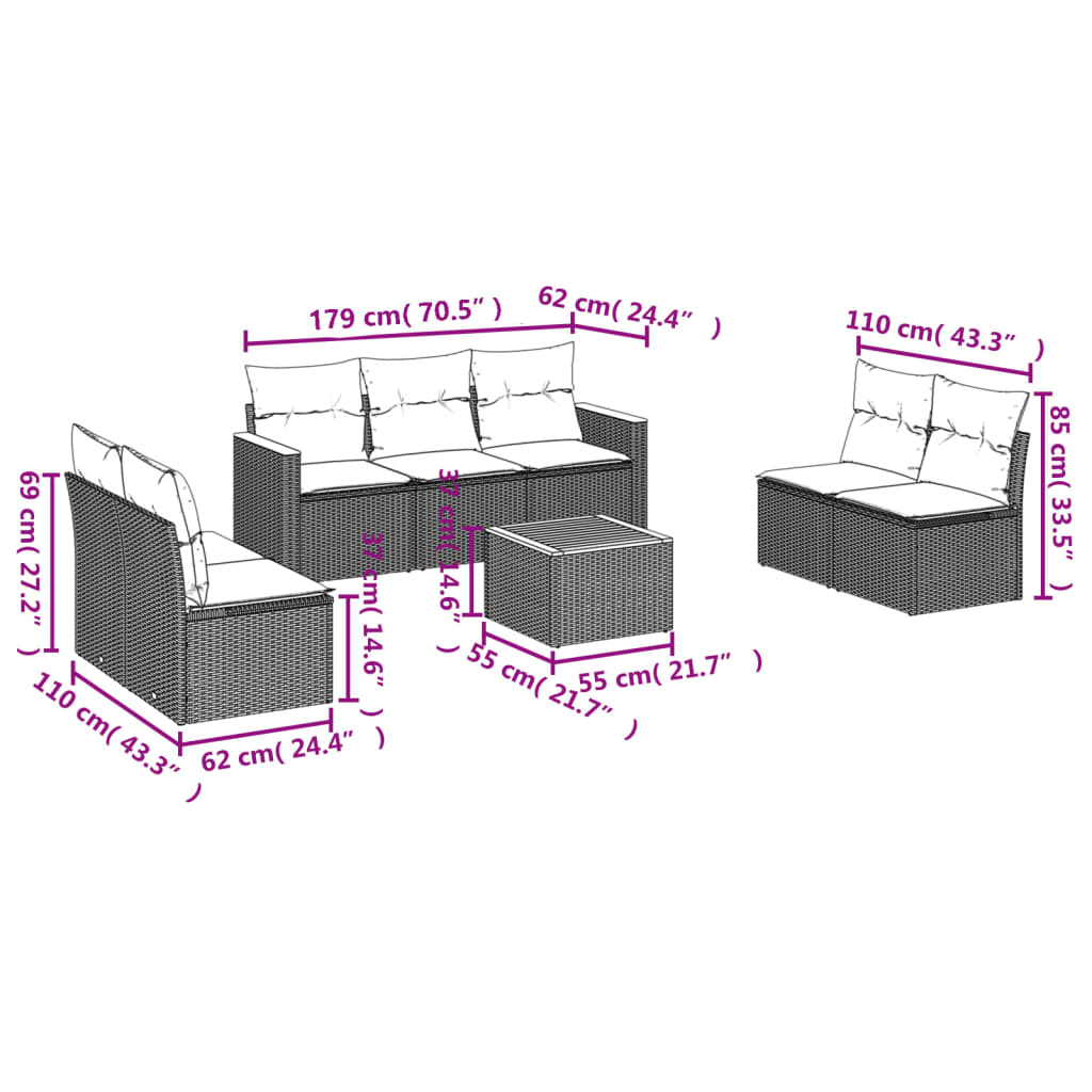 Set Divano da Giardino 8 pz con Cuscini Beige in Polyrattan