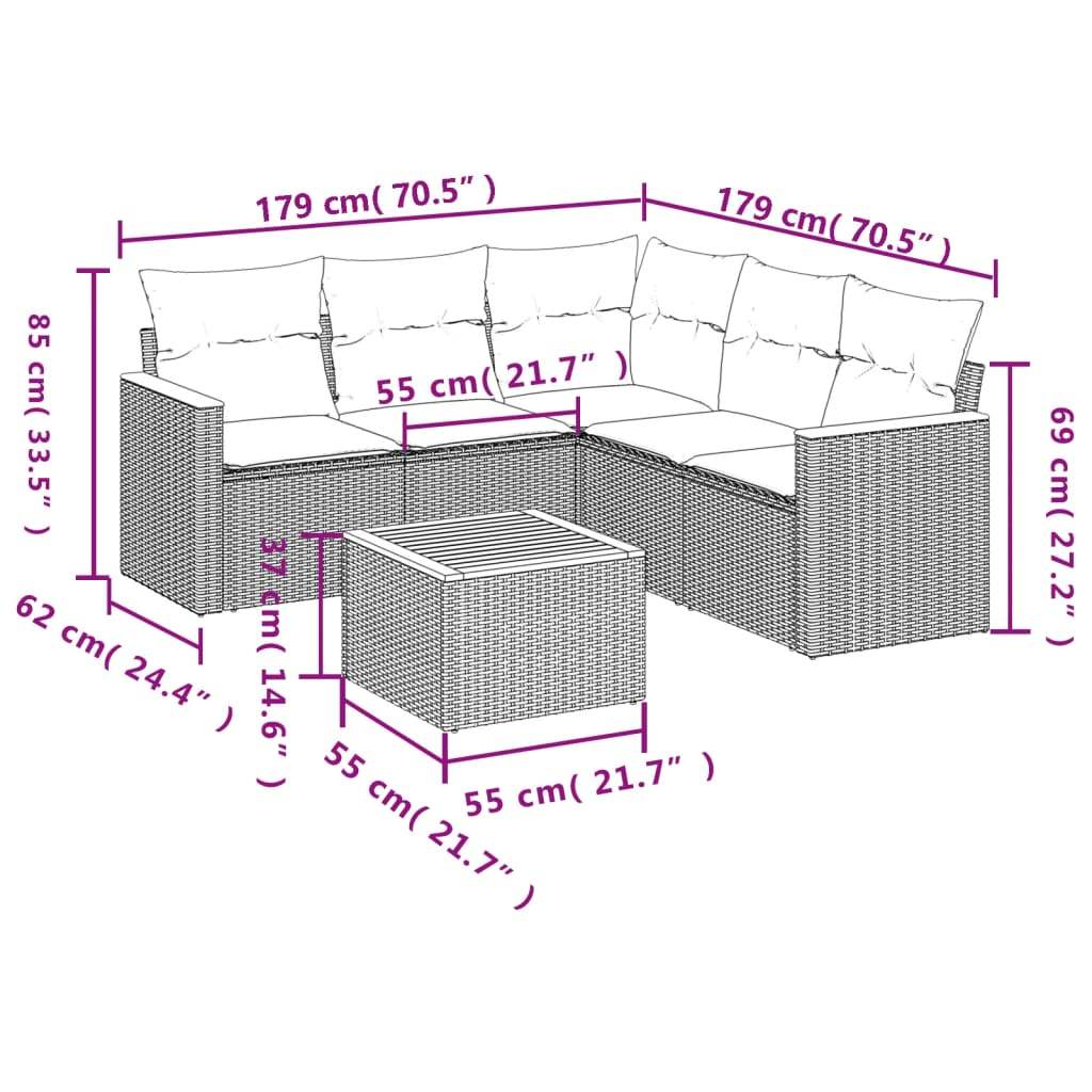 Set Divano da Giardino 6 pz con Cuscini Beige in Polyrattan