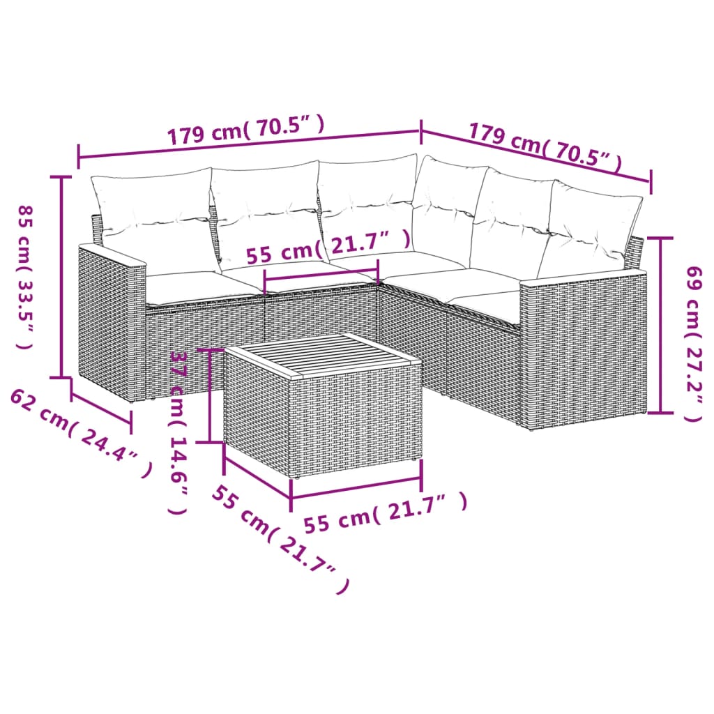 Set Divano da Giardino 6 pz con Cuscini Beige in Polyrattan