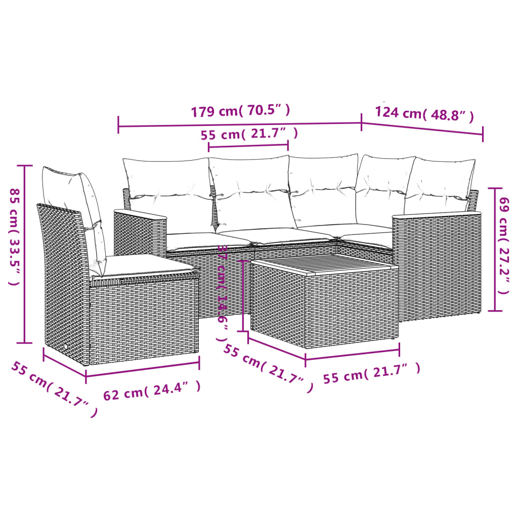 Set Divano da Giardino 6 pz con Cuscini Grigio in Polyrattan