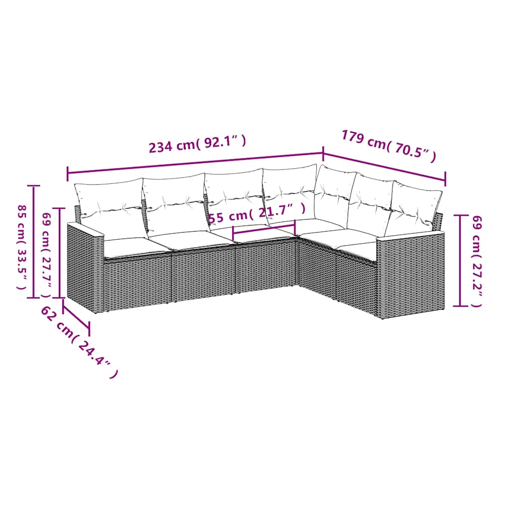 Set Divano da Giardino 6 pz con Cuscini Nero in Polyrattan