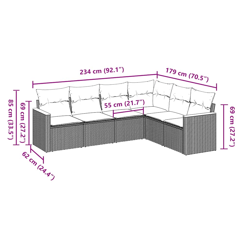 Set Divano da Giardino 6 pz con Cuscini Nero in Polyrattan | homemem39