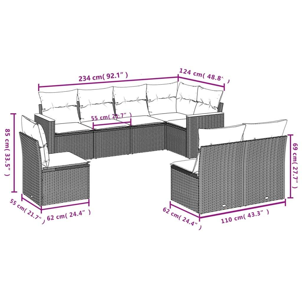 Set Divano da Giardino 8 pz con Cuscini Grigio in Polyrattan