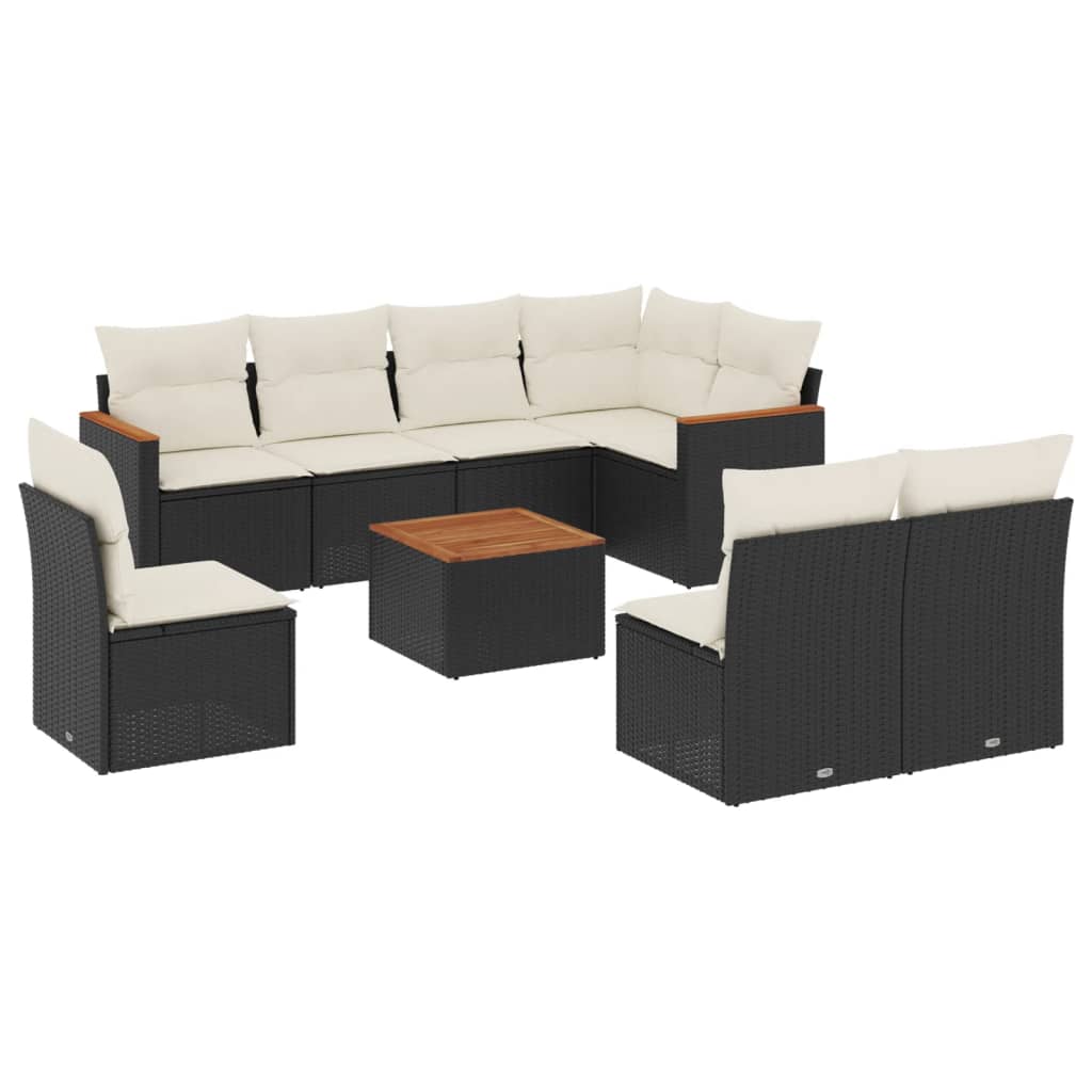 Set Divani da Giardino 9 pz con Cuscini Nero in Polyrattan