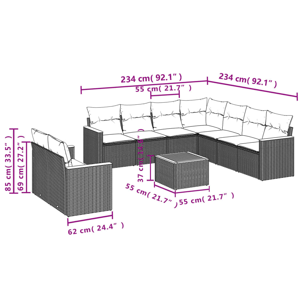 Set Divano da Giardino 10 pz con Cuscini Beige in Polyrattan | homemem39