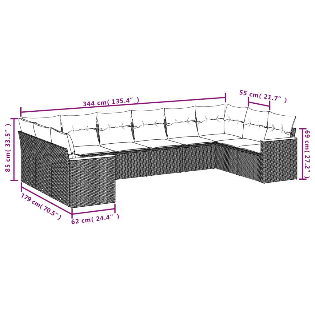 Set Divano da Giardino 10 pz con Cuscini Beige in Polyrattan | homemem39