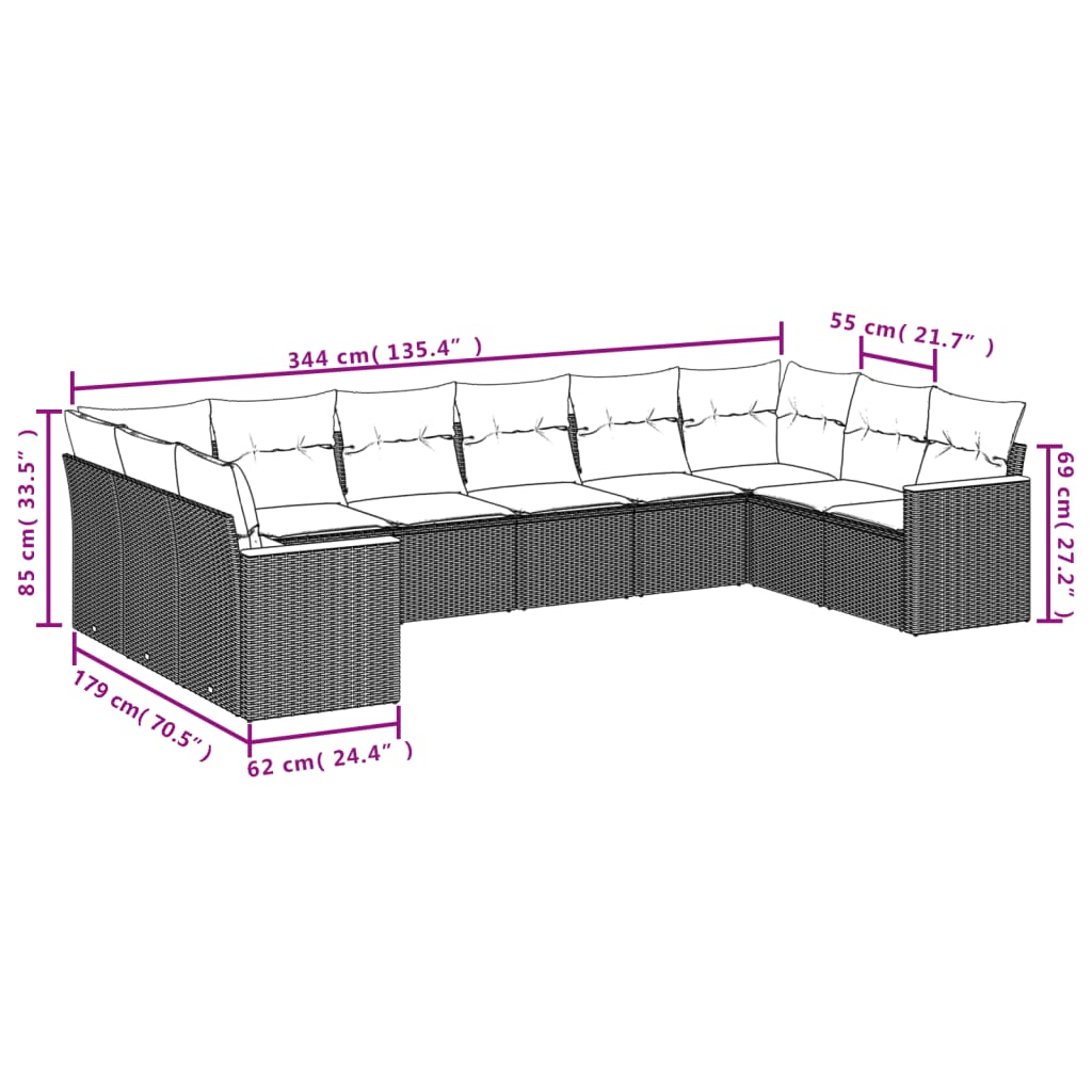 Set Divano da Giardino 10 pz con Cuscini Grigio in Polyrattan