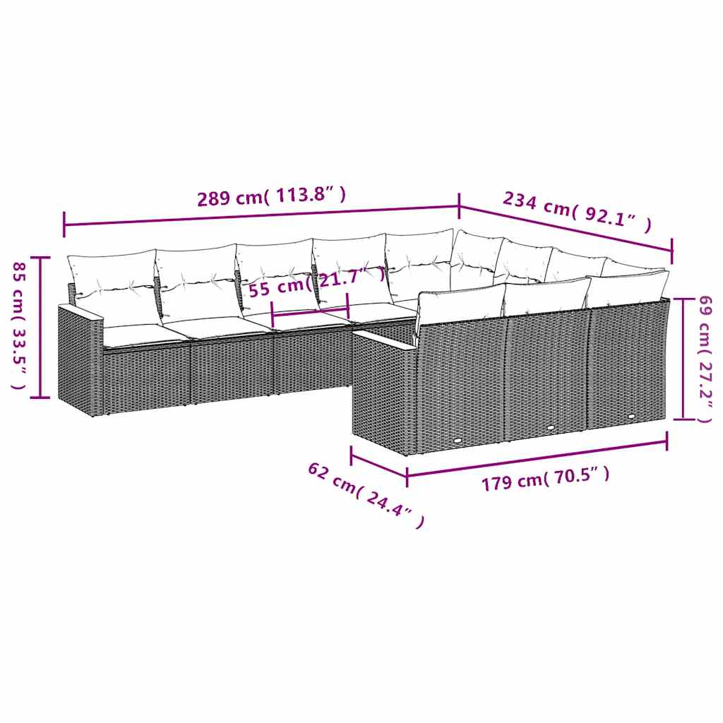 Set Divani da Giardino 10pz con Cuscini in Polyrattan Nero