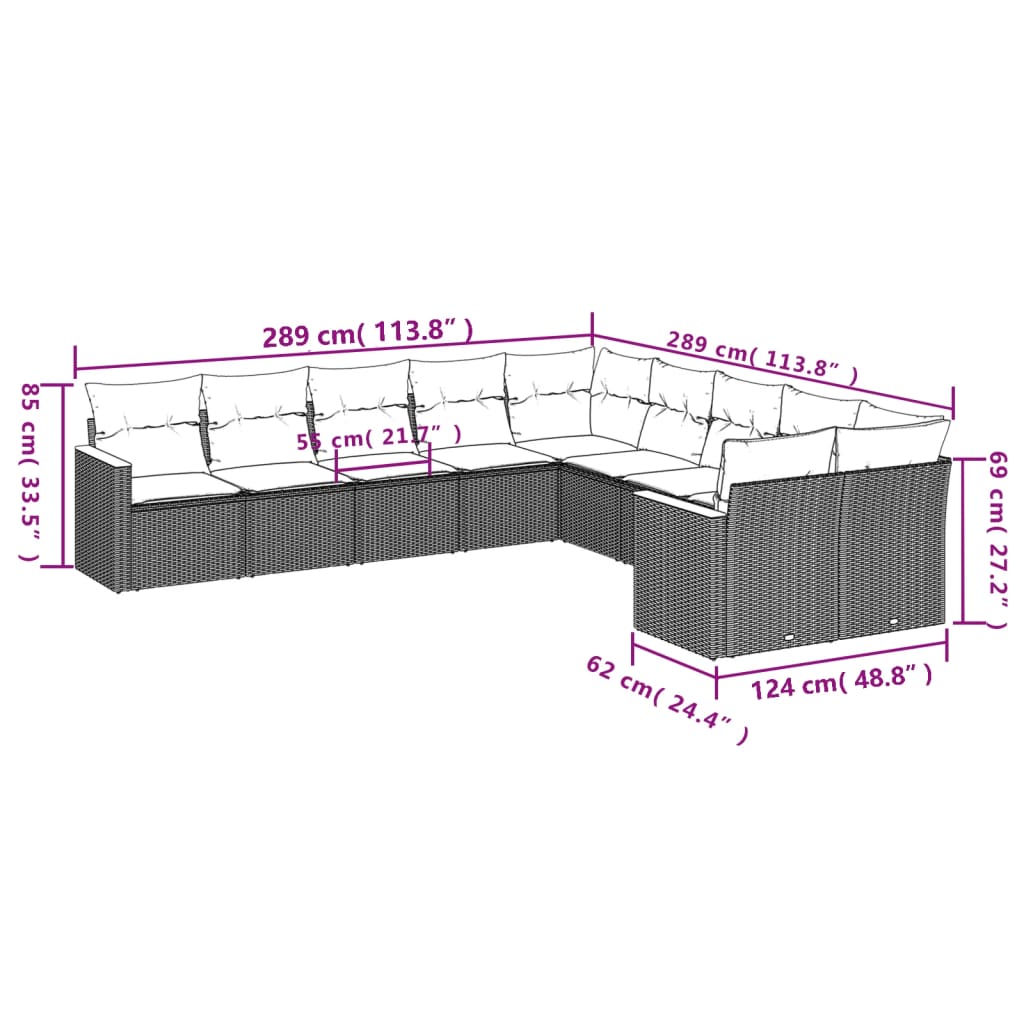 Set Divani da Giardino 10pz con Cuscini in Polyrattan Nero | homemem39