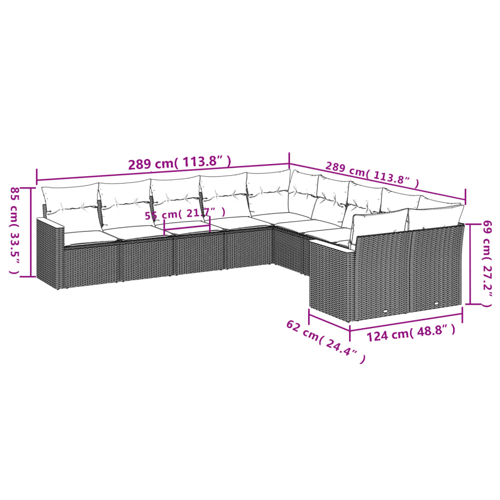Set Divano da Giardino 10 pz con Cuscini Beige in Polyrattan