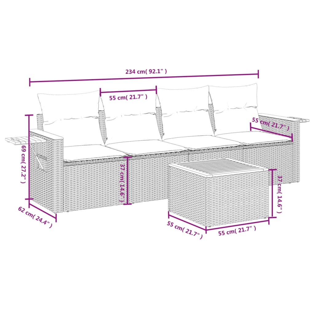 Set Divano da Giardino 5 pz con Cuscini Grigio in Polyrattan | homemem39