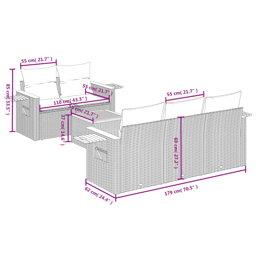 Set Divano da Giardino 6 pz con Cuscini Grigio in Polyrattan