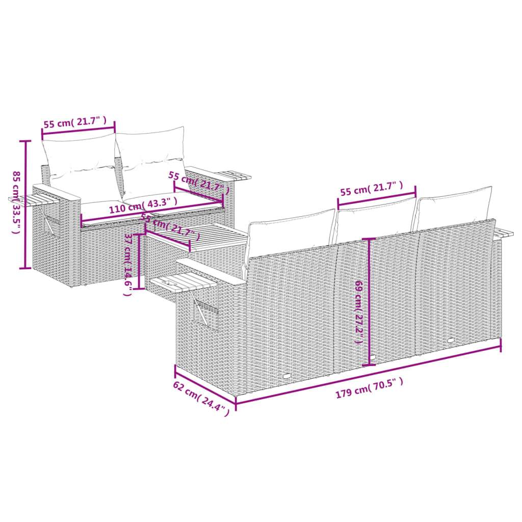Set Divano da Giardino 6 pz con Cuscini Grigio in Polyrattan
