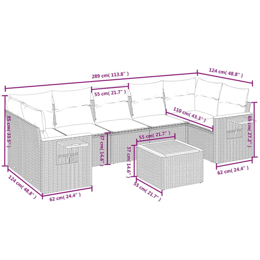 Set Divano da Giardino 8 pz con Cuscini Beige in Polyrattan | homemem39