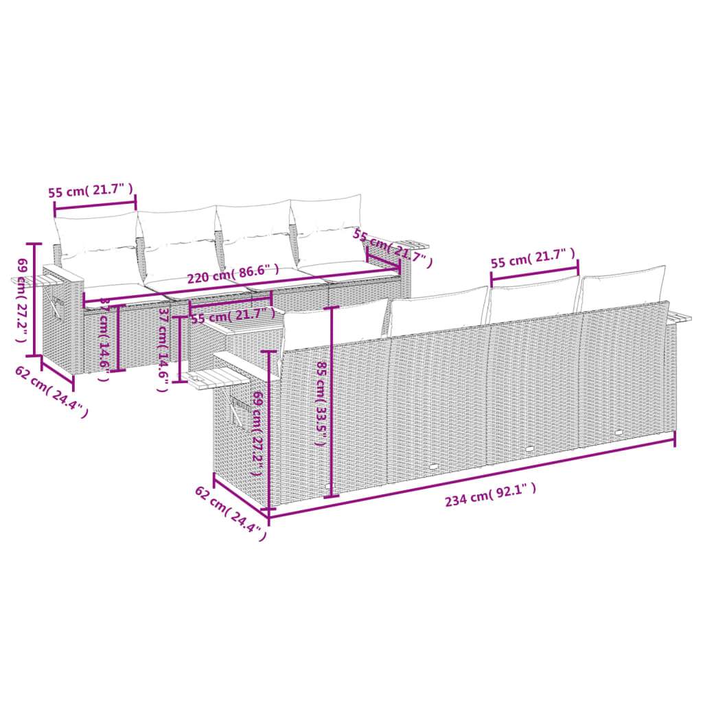 Set Divano da Giardino 9 pz con Cuscini Beige in Polyrattan