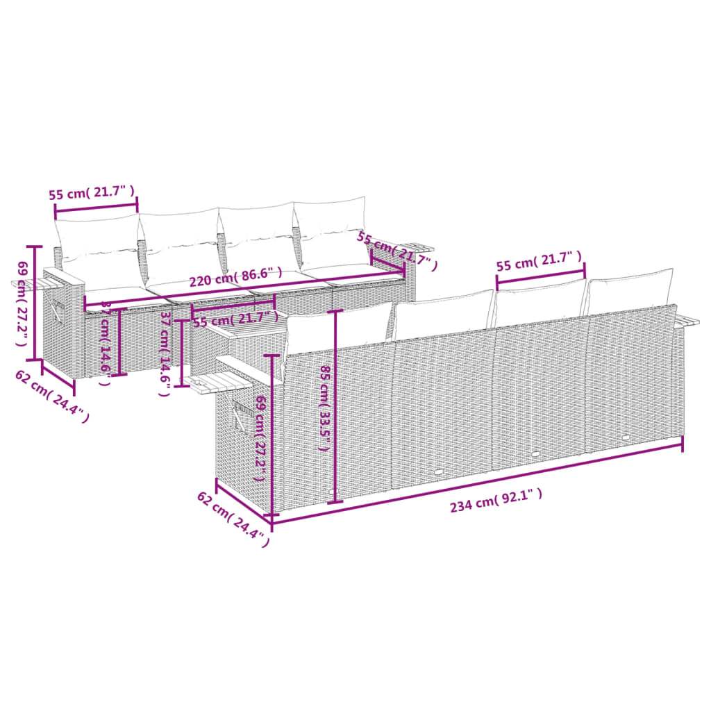 Set Divano da Giardino 9 pz con Cuscini Grigio in Polyrattan