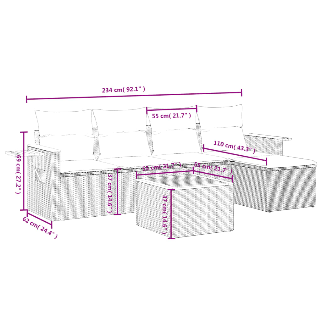 Set Divano da Giardino 6 pz con Cuscini Beige in Polyrattan | homemem39