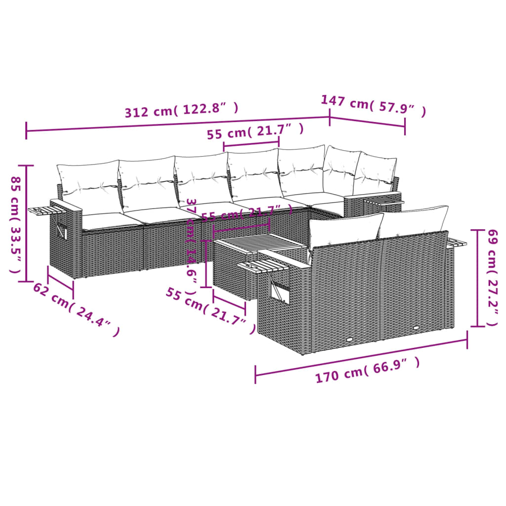 Set Divani da Giardino 9 pz con Cuscini Nero in Polyrattan | homemem39